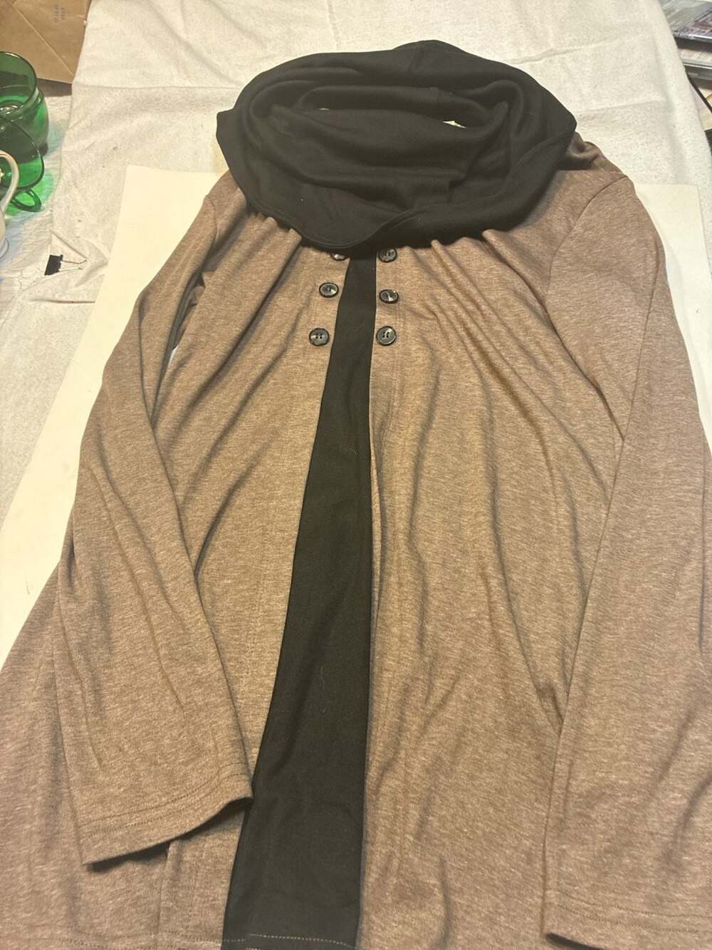 Bebonnie Women's Brown and Black Long Sleeve Cowl Neck Tunic Top with Button Det